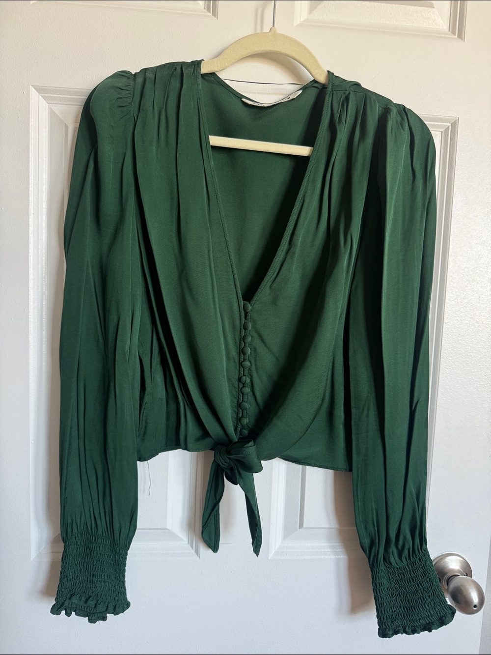 Zara Women's Deep Green Tie-Front Blouse
